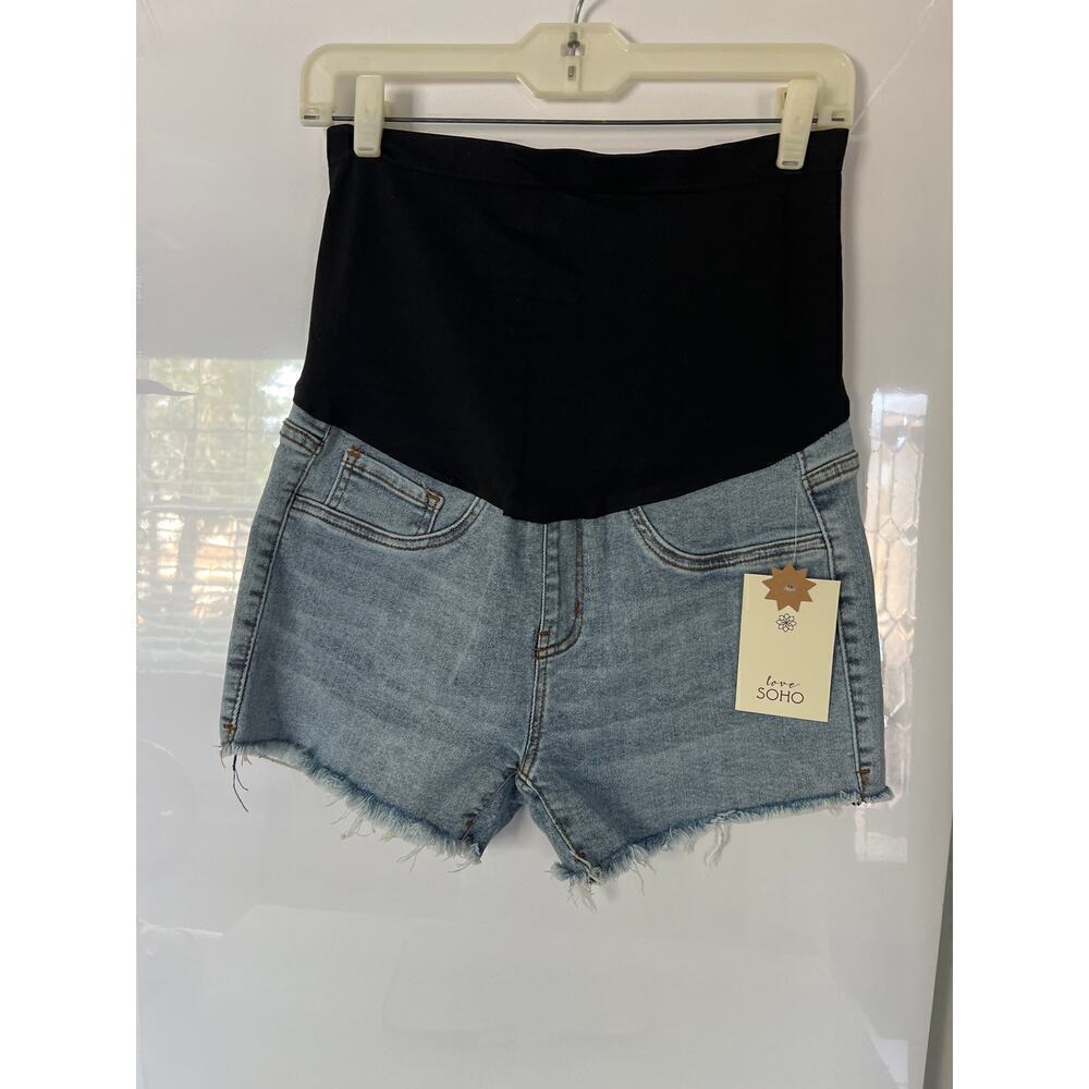 Love SOHO New Maternity Jeans Shorts with Stretch Black High Waisted Yoke. Sz L